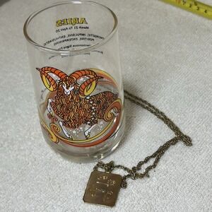 Vintage 1976 ARIES Zodiac Drinking GLASS Astrology With Vtg ARIES brass Pendant